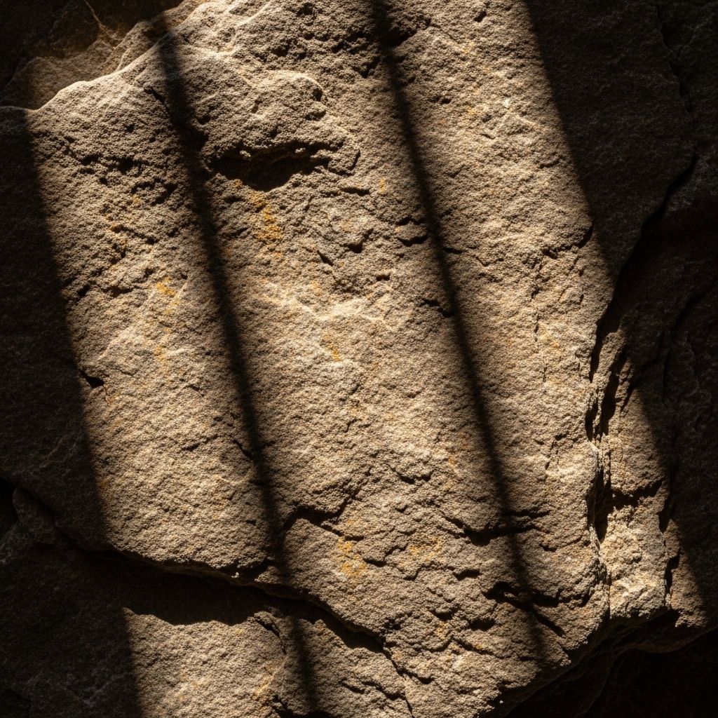 Auringonvalon ja varjojen vuoropuhelu luonnonkiviä vasten, kuviollinen ja syvyyttä luova valaistus joka symboloi UV-säteilyn vaikutusta