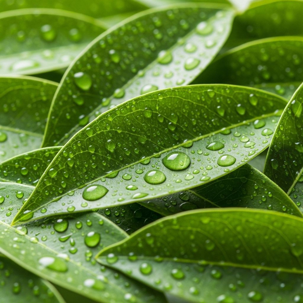 Lähikuva luonnonkosmeettisista ainesosista: vesipisaroita vihreillä lehdillä pehmeässä hajautetussa valossa, tunnelma rauhallinen ja selkeä