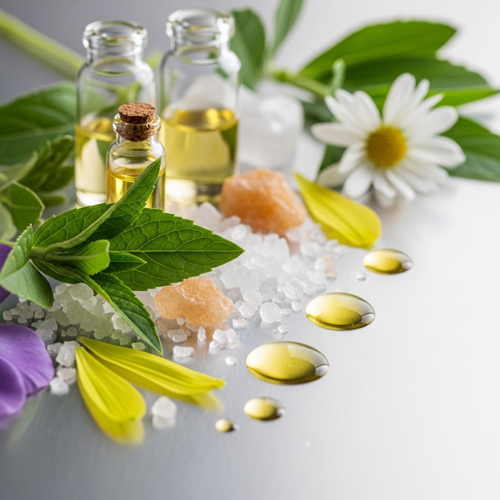 Lähikuva luonnonkosmetiikan ainesosista: kasvit, kivennäissuolat ja luonnonöljyt hopeisella alustalla pehmeässä valaistuksessa